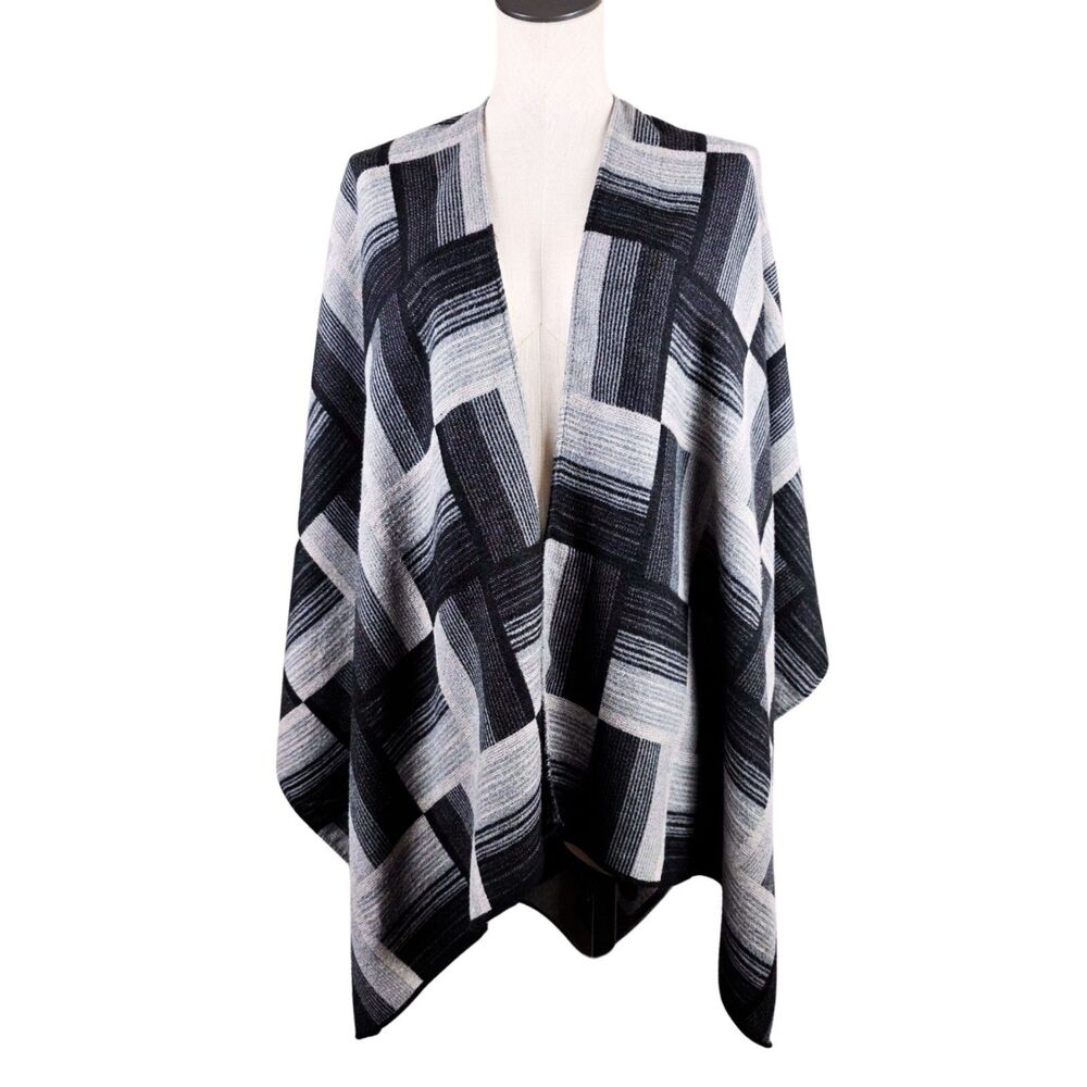Adrienne Vittadini Color Block Soft Knit Shawl Open Cardigan Poncho Wrap OS